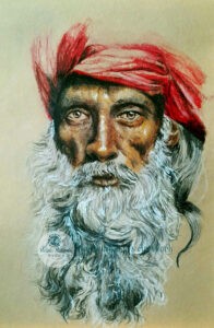 Color pencil drawing of an old man on toned paper.